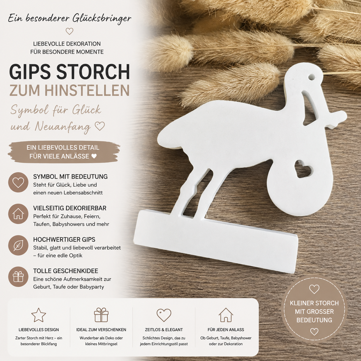 Gips Storch mit Baby & Herz – Deko zur Geburt, Taufe & Babyparty | Geschenkidee
