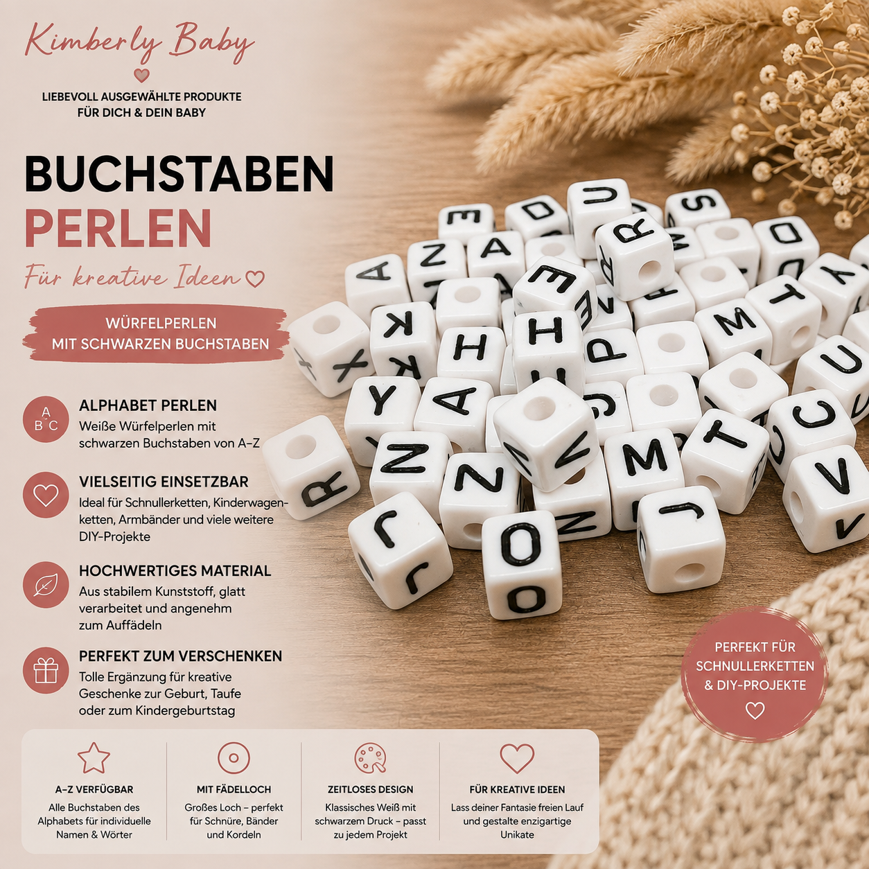 Kunststoff Buchstabenperlen Würfel - 10mm - für Schnullerketten und Greiflinge