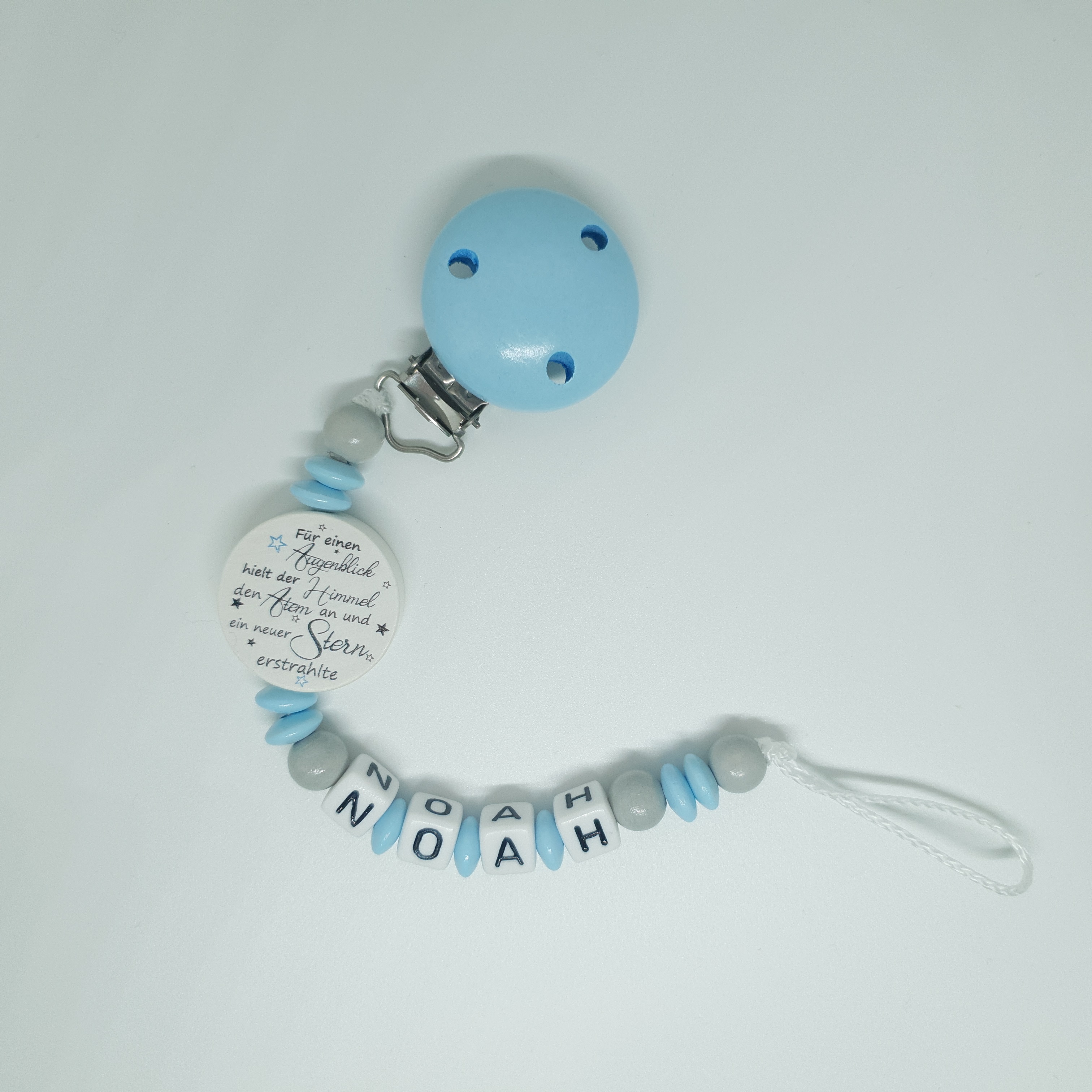 Baby Schnullerkette mit Namen - Teddy in blau grau